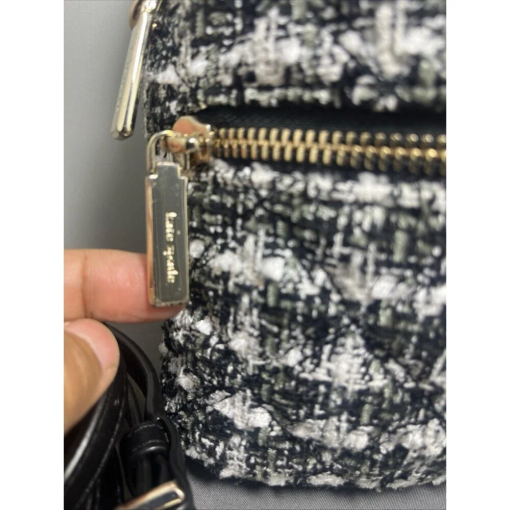 Kate Spade New York Mini Backpack Black White Tweed Gold Zip Spade Print